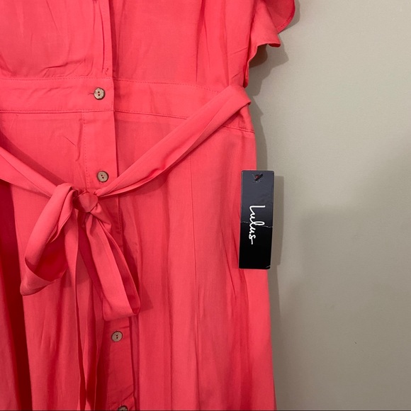 🆕 Lulus Coral Pink Button-Front Midi Dress - Picture 4 of 10